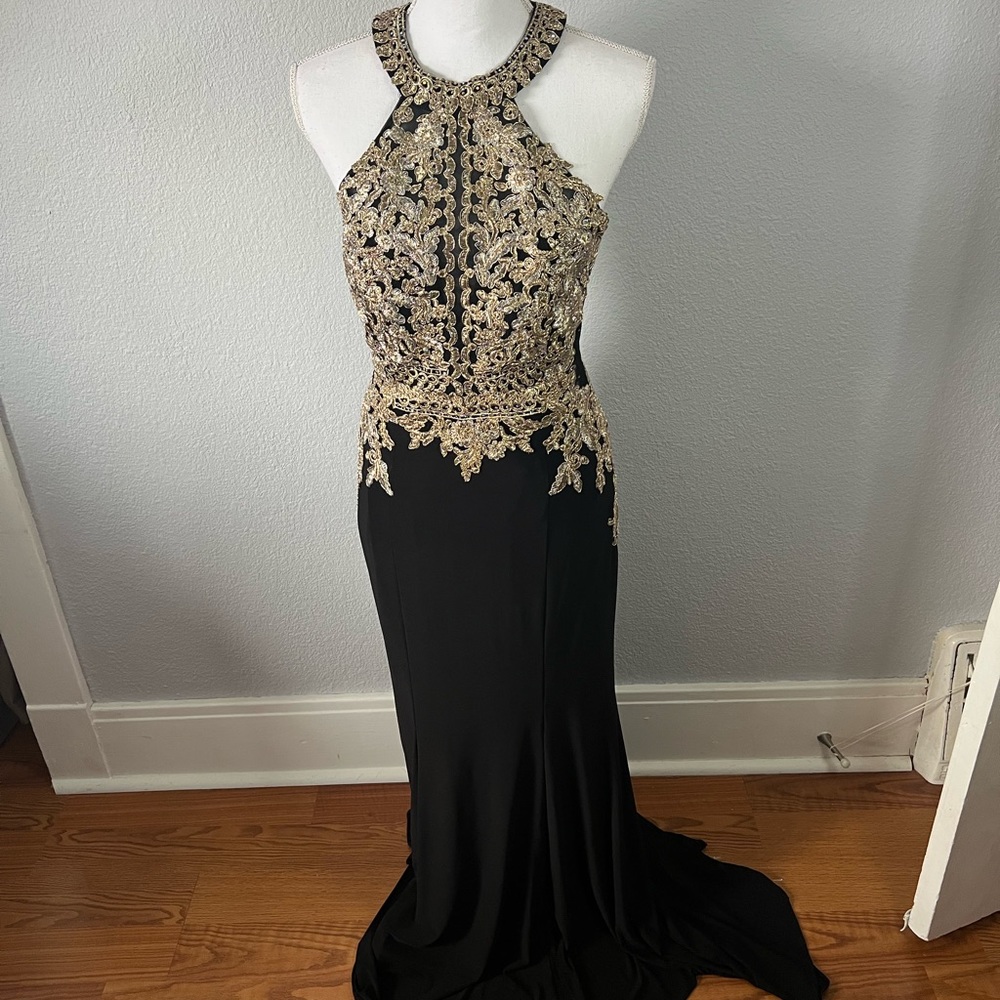 Xscape Black and Metallic Gold Embellished Lace Open Back Formal Dress